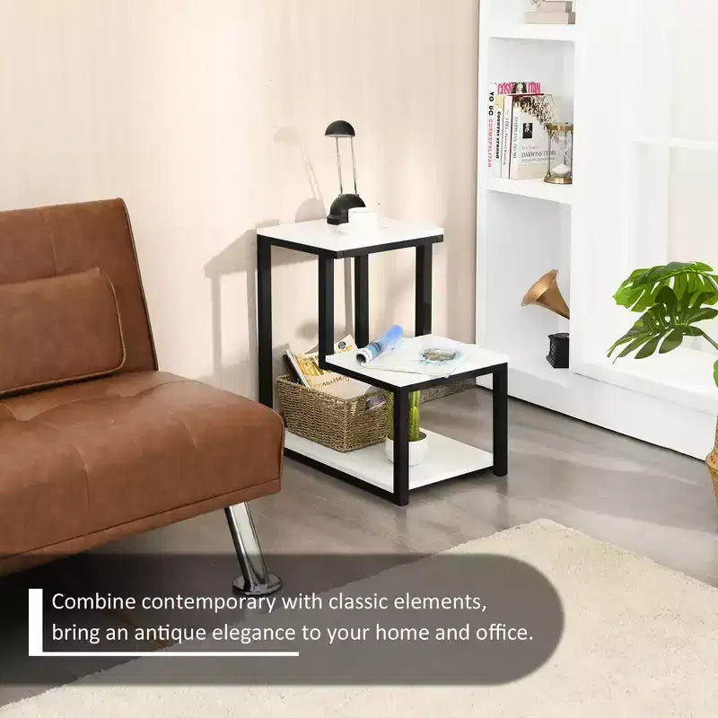 3-Tier Industrial End Table with Shelves, Sofa Side Table & Nightstand, White