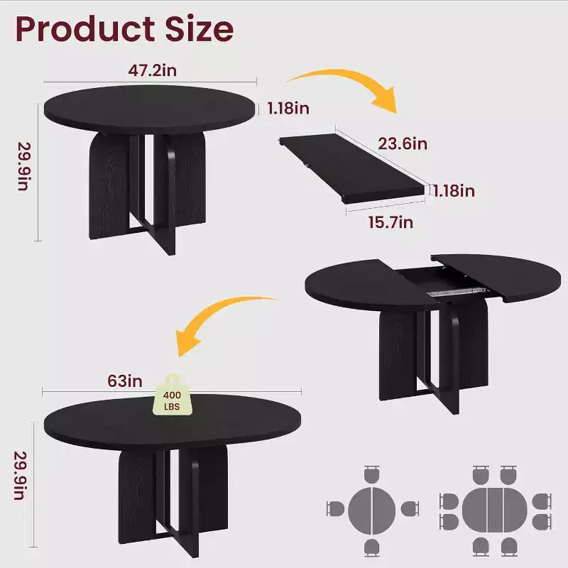 Table à manger ronde extensible de 47 à 63 po pour 4 à 8 personnes, table de cuisine extensible en bois de style champêtre avec structure en métal, table ovale gain de place pour appartement, gris rétro
