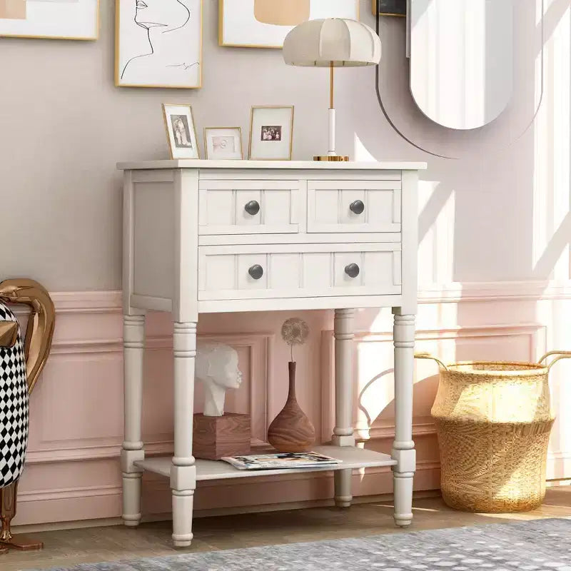 Smalle consoletafel van 60,2 cm met 3 laden en plank, sofatafel voor kleine entrees of woonkamers