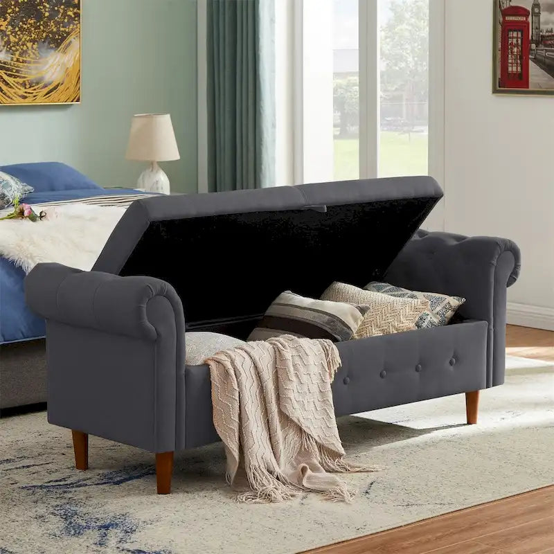 Banquette de rangement pour chambre, bout de lit, ottomane en velours à accoudoirs arrondis, canapé-banc long