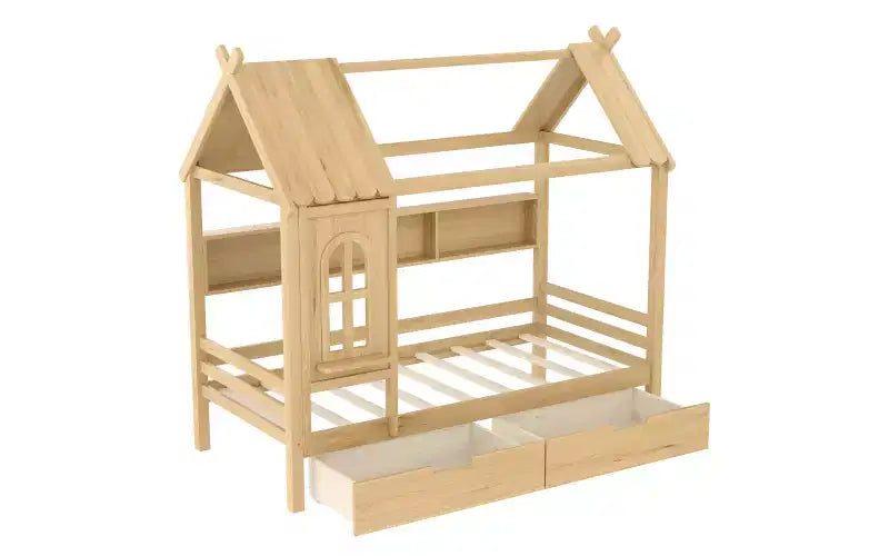 Lit plateforme en forme de maison avec tiroirs de rangement et fenêtre, cadre en bois massif avec étagères, design ludique pour enfant, blanc clair