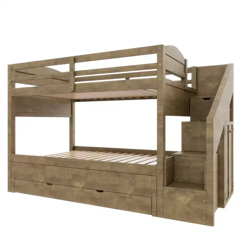 Cadre de lit superposé Whisen Twin XL avec lit gigogne, rangement, escalier de rangement en bois massif, armoire et 3 tiroirs, pour enfants
