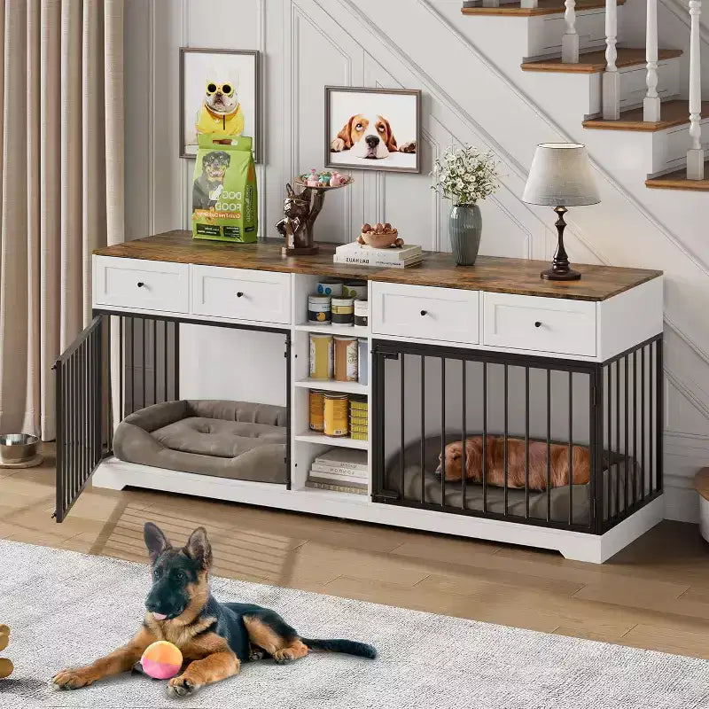 82 Möbel für zwei Hundeboxen, großer Hundezwinger für den Innenbereich für 2 Hunde, robuster Hundeschrank aus Holz als TV-Ständer mit 4 Schubladen und Regalen