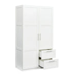 Armoire-penderie en bois blanc avec portes, tiroirs et tringle