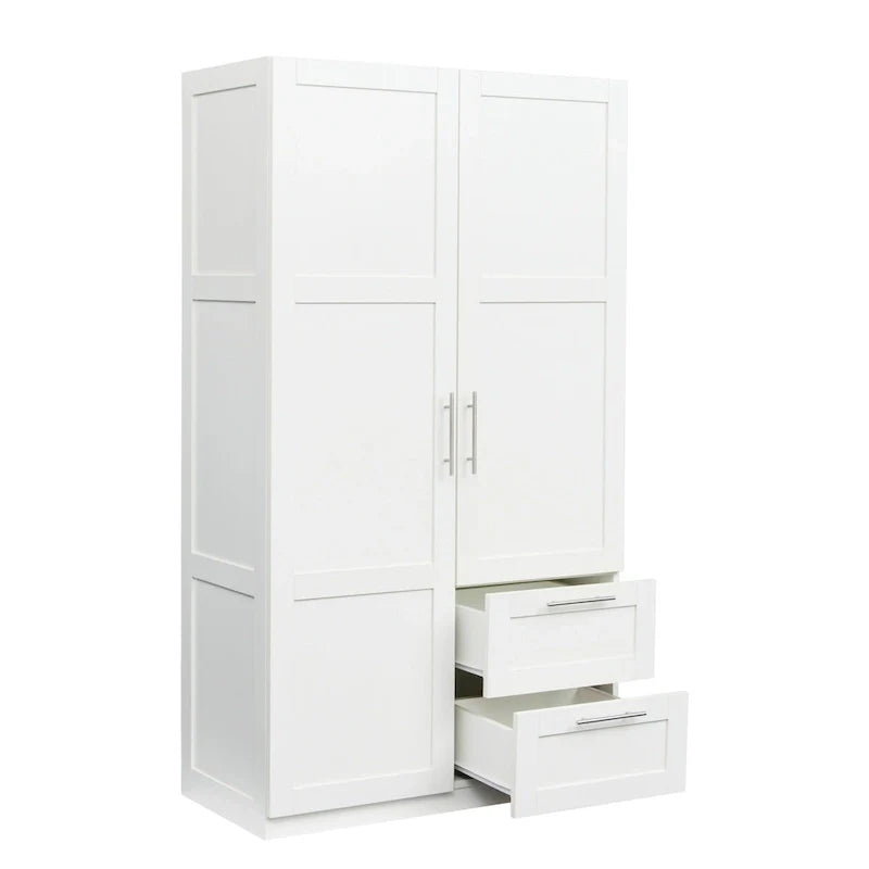 Armoire-penderie en bois blanc avec portes, tiroirs et tringle