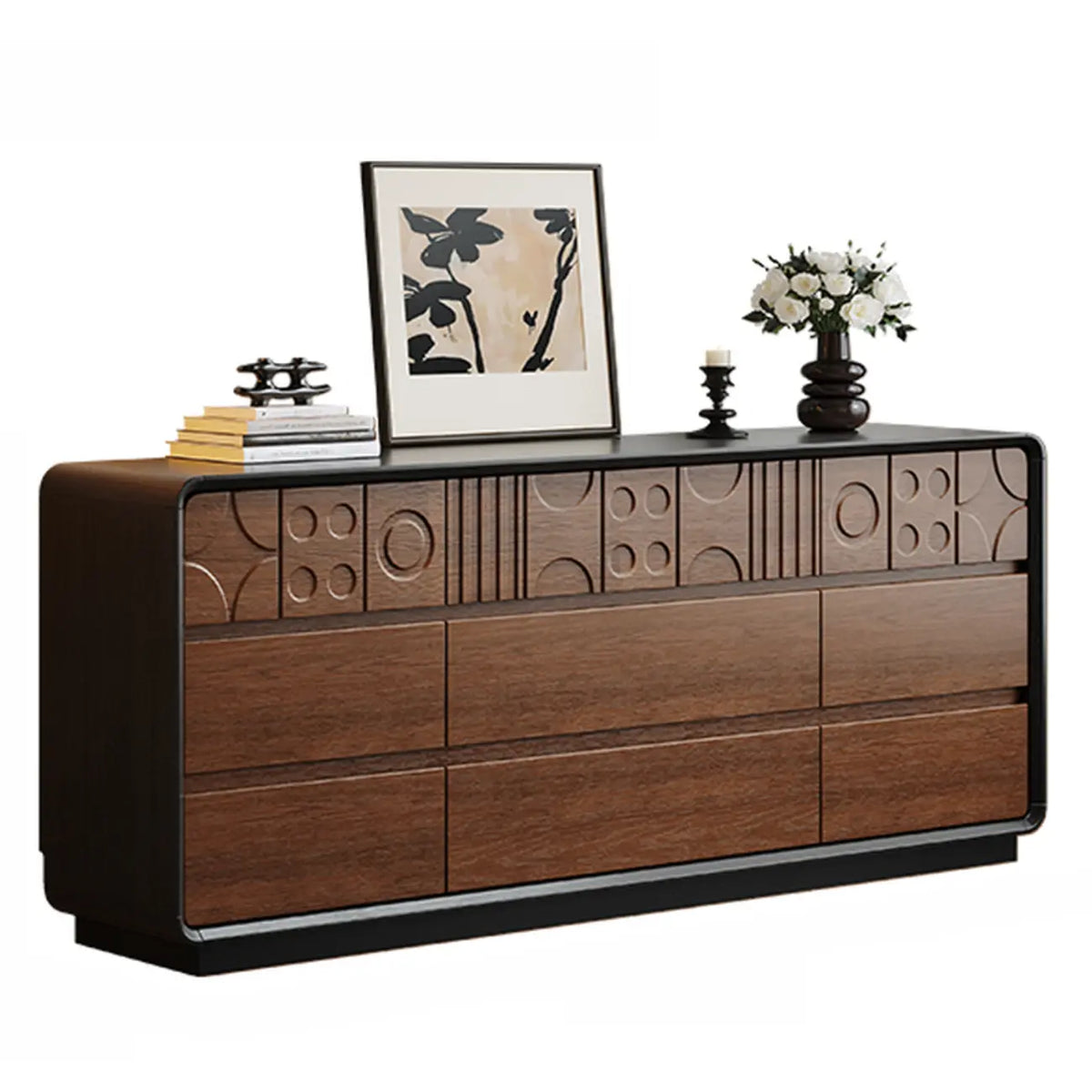 Von Art déco inspirierte Holzkommode mit geometrischen Schnitzereien
