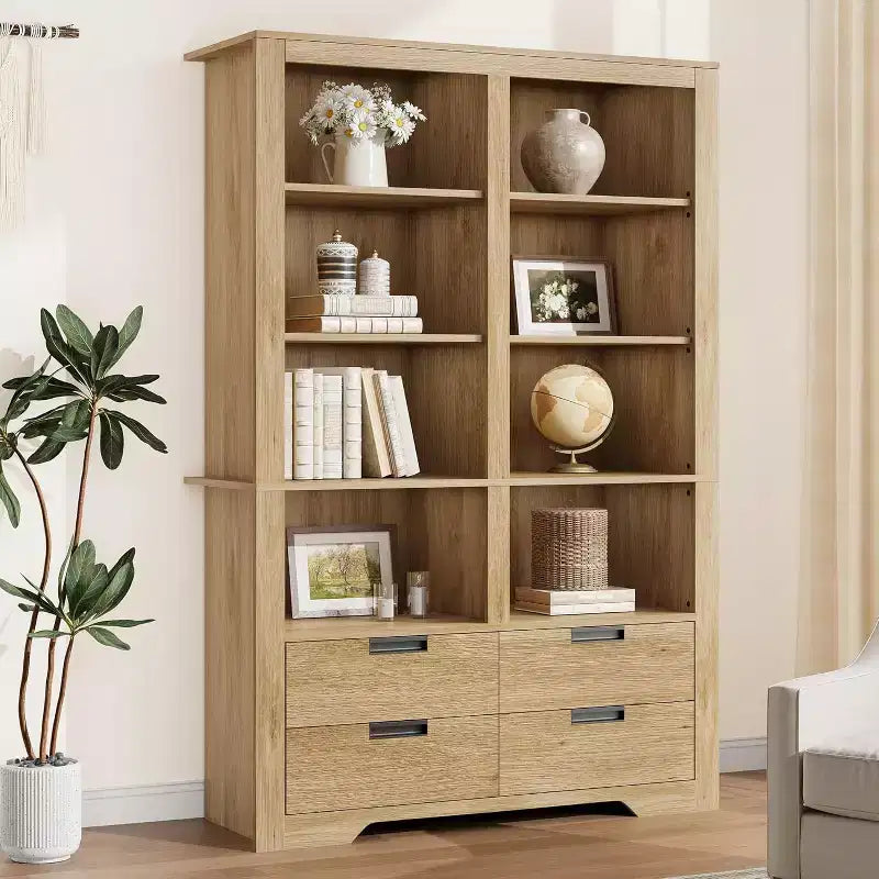 Bibliothèque haute de 72 pouces avec 4 tiroirs, bibliothèque de rangement autoportante de style maison de campagne pour chambre, salon et bureau à domicile