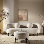 Gebogen 3-zitsbank met balvormige kussens, beige linnenmix