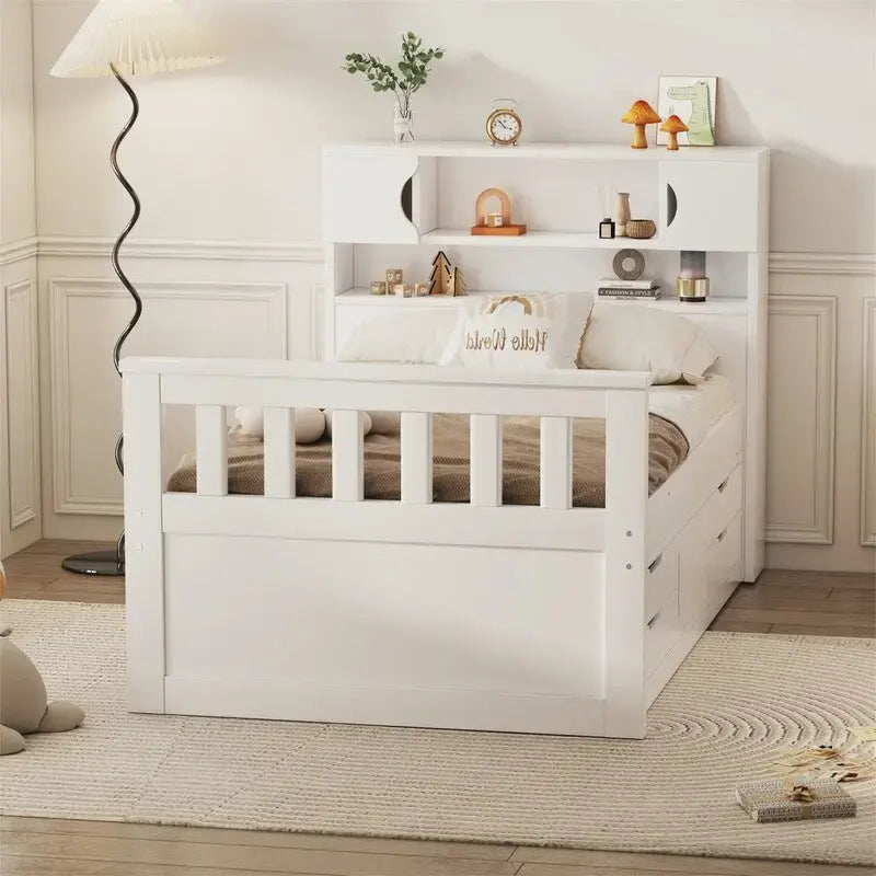 Lit plateforme de capitaine Twin/Full avec 4 tiroirs et étagères de rangement, structure en bois massif avec tête de lit bibliothèque et rangements