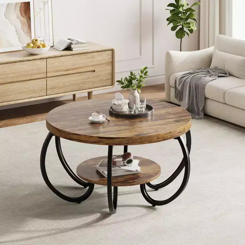 Runder industrieller Couchtisch mit 76 cm Durchmesser, 2 Ebenen, verstellbaren Füßen, Ablage in Holzoptik, Flammendesign, einfache Montage, Wohnzimmer
