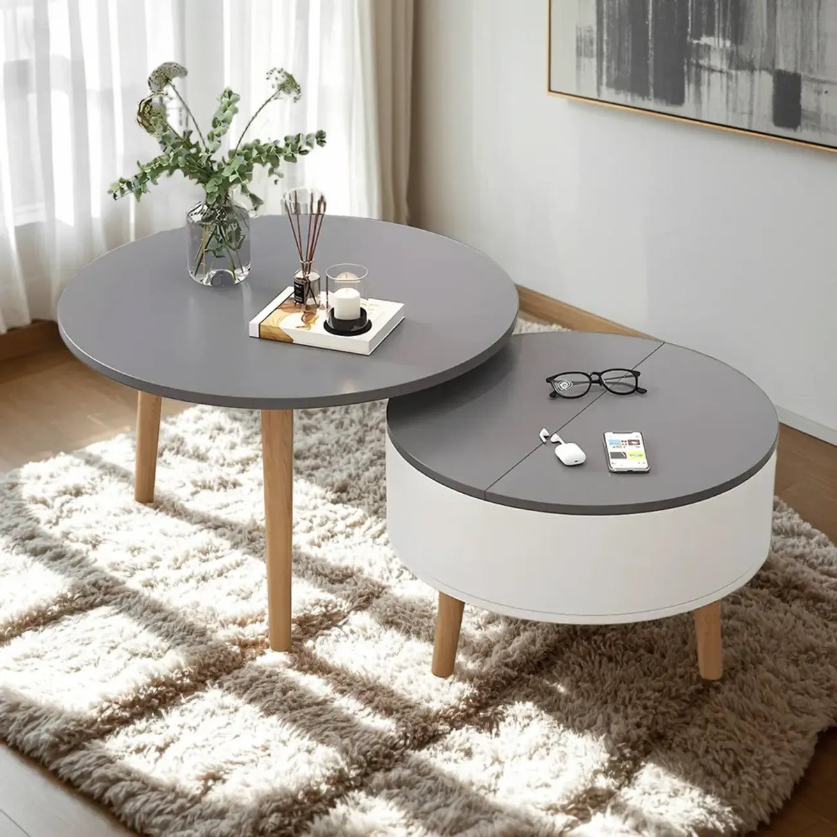 Moderner runder Couchtisch aus schwarzem und weißem Holz mit Stauraum