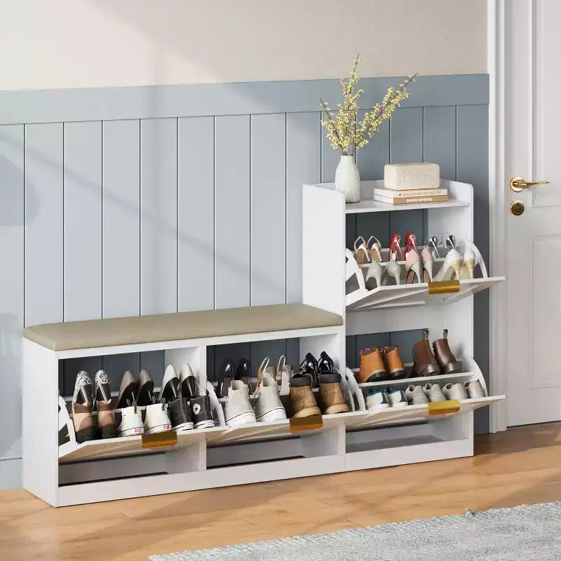 Meuble à chaussures avec banc et 4 tiroirs basculants – Organiseur d’entrée étroit pour 35 à 40 paires