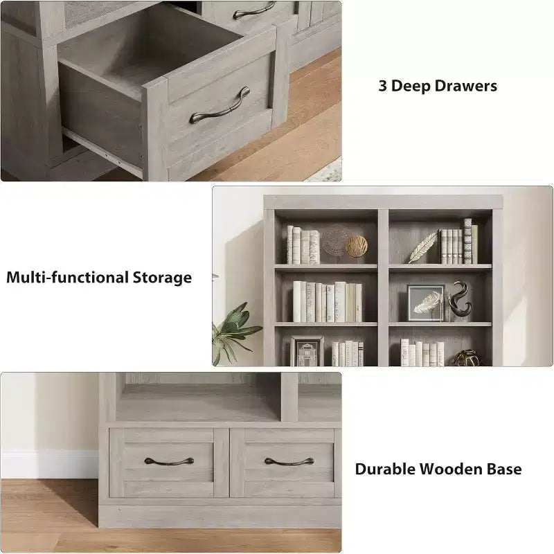 64 H Bücherregale und Bücherschränke, Bücherregal mit 3 Aufbewahrungsschubladen, 4 Ebenen, doppelt breit, offene Ablage für Büro und Wohnzimmer