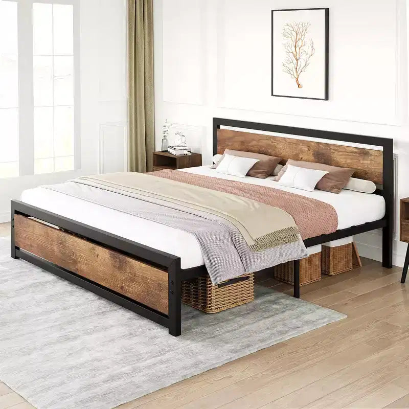 Cadre de lit robuste avec tête et pied de lit, plateforme métallique avec espace de rangement de 13,8, montage silencieux et sans outils, marron vintage