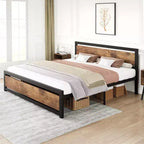 Cadre de lit robuste avec tête et pied de lit, plateforme métallique avec espace de rangement de 13,8, montage silencieux et sans outils, marron vintage