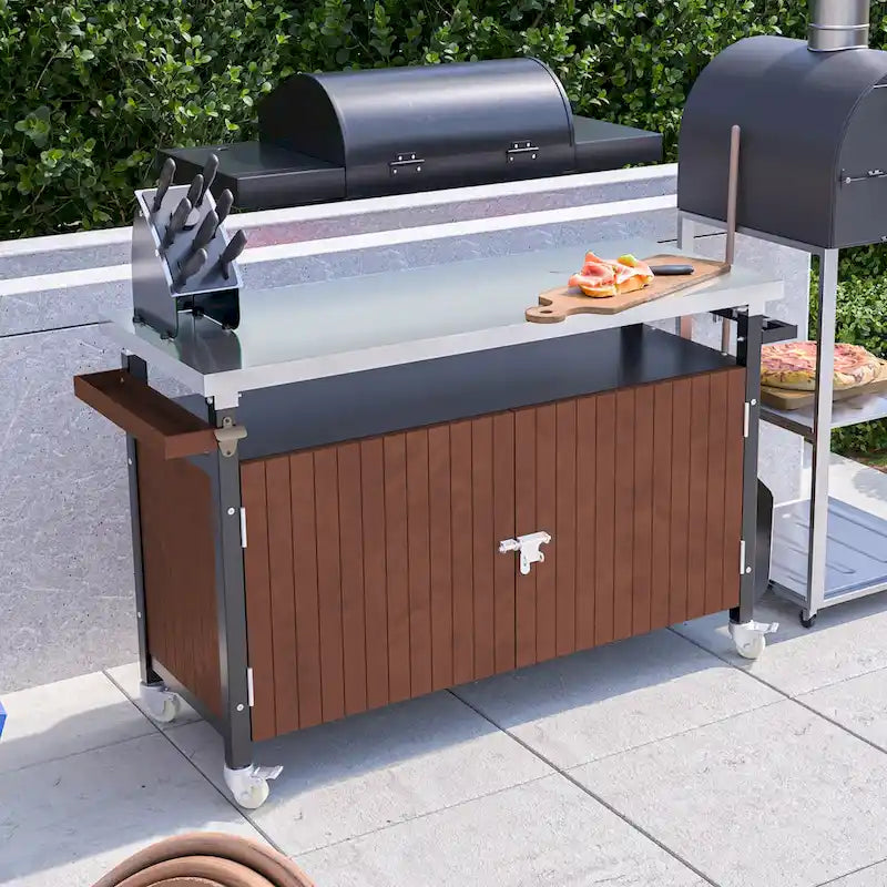Grillwagen für den Außenbereich mit Tischplatte aus Edelstahl (Hocker nicht enthalten)