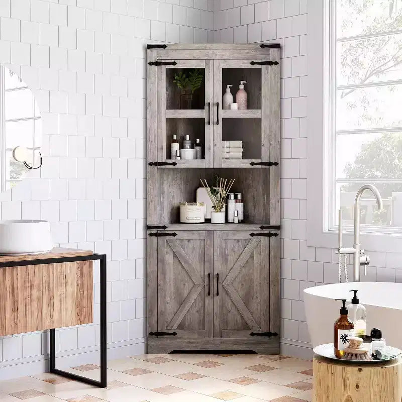 69 hoge hoekkast, opbergkast in landelijke stijl, ruimtebesparend, met glazen deur en verstelbare planken voor woonkamer en keuken