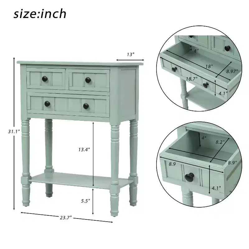Smalle consoletafel van 60,2 cm met 3 laden en plank, sofatafel voor kleine entrees of woonkamers