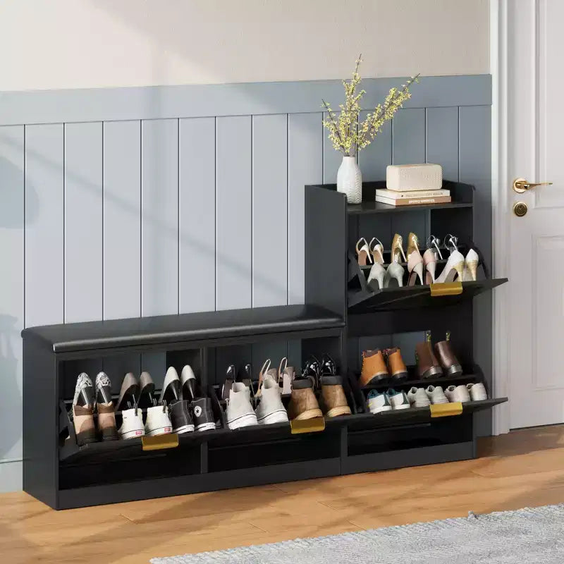 Landelijke schoenenkast met bank, schoenenopberger voor de hal met 4 klepdeuren en comfortabele gewatteerde zitting, vrijstaande schoenenrekbank