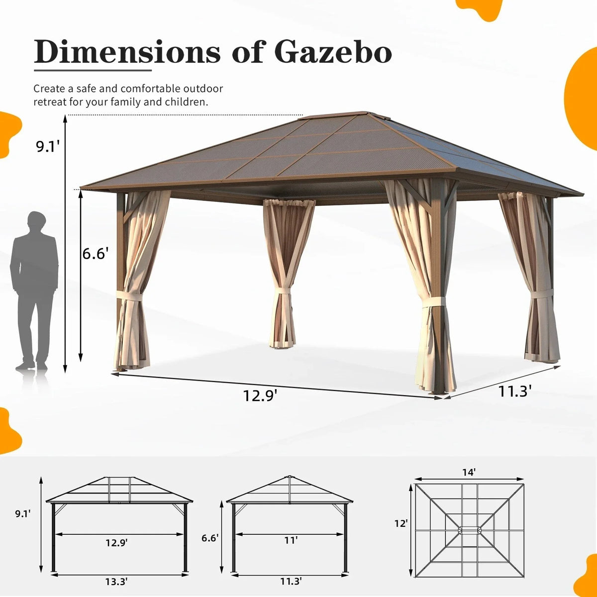 EROMMY Pavillon mit festem Dach, Outdoor-Pergola mit Doppeldach, Netzvorhängen und Vorhängen, robustes Vordach für Terrasse, Garten und Poolpartys