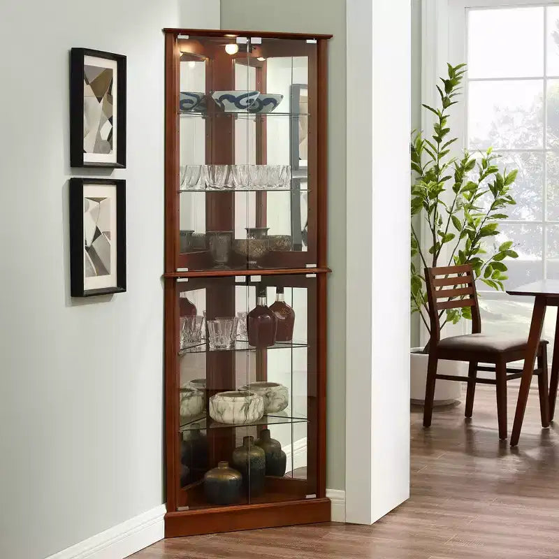 Vitrine d’angle, cerisier/noyer, vitrine à 4 portes en verre
