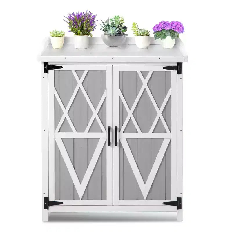 Armoire de rangement extérieur, établi de rempotage – poste de travail de jardin en bois imperméable avec plateau galvanisé, étagères réglables pour cour, terrasse ou pelouse