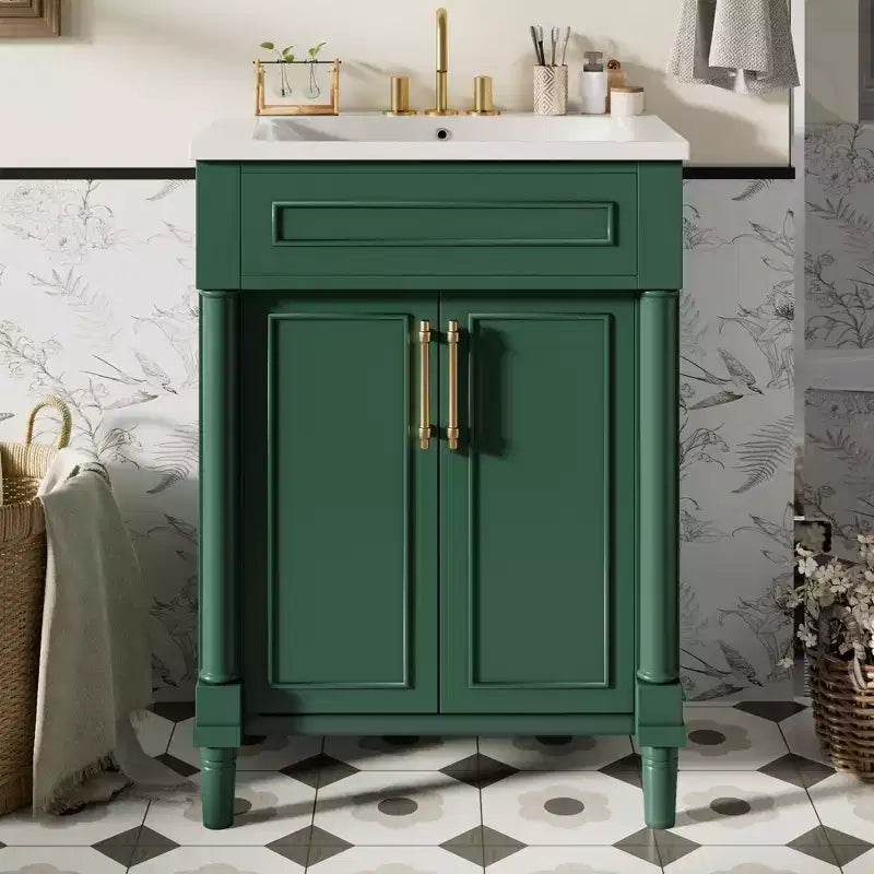 24-Zoll-Badezimmerunterschrank mit Keramikwaschbecken, Shaker-Schrank, 2 Türen mit Soft-Close-Funktion und Rahmen aus Massivholz für kleine Badezimmer oder Gäste-WCs