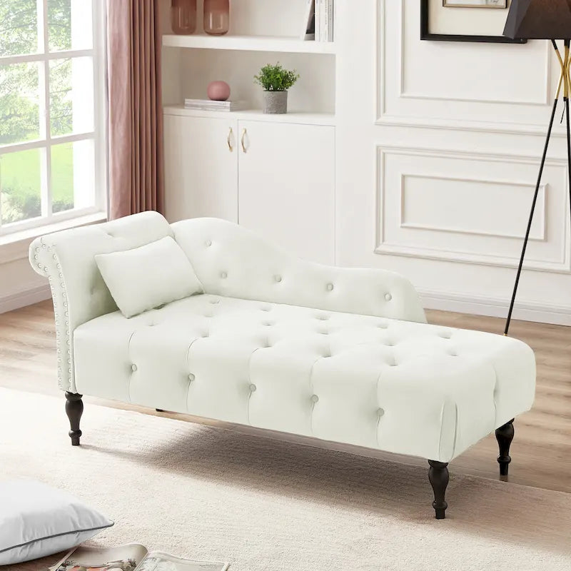 Chaise longue moderne de 60,6 po, capitonnée en velours avec boutons, pieds en bois massif et clous décoratifs