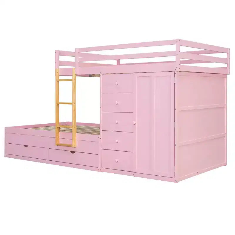 Modern stapelbed voor twee tweepersoonsmatrassen met ingebouwde kledingkast en 7 opbergladen