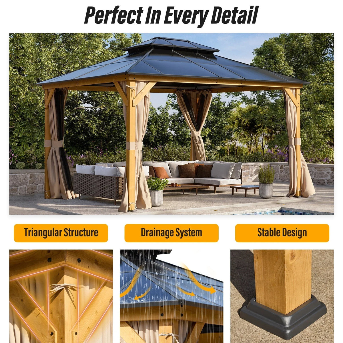 EROMMY Pavillon mit festem Dach, Outdoor-Pergola mit Doppeldach, Netzvorhängen und Vorhängen, robustes Vordach für Terrasse, Garten und Poolpartys
