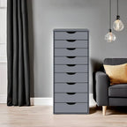 Schmaler Holzschrank mit 9 Schubladen, leichtgängigen Schubladen und oberem Ablagefach