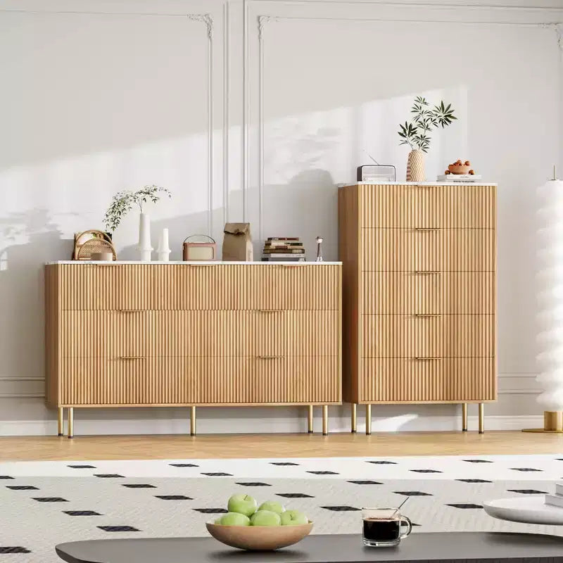 White / Marble & Wood 5-Drawer Dresser ?C Fluted Panel, for 1 Person Use
