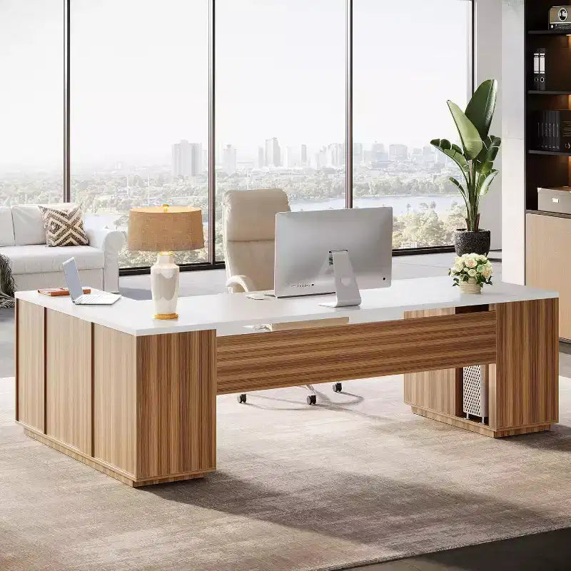 Grand bureau de direction en L Lantine 85.8, bureau d’ordinateur extra-large avec tiroirs pour dossiers, pour bureau à domicile