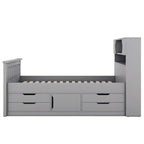Lit plateforme de capitaine Twin/Full avec 4 tiroirs et étagères de rangement, structure en bois massif avec tête de lit bibliothèque et rangements