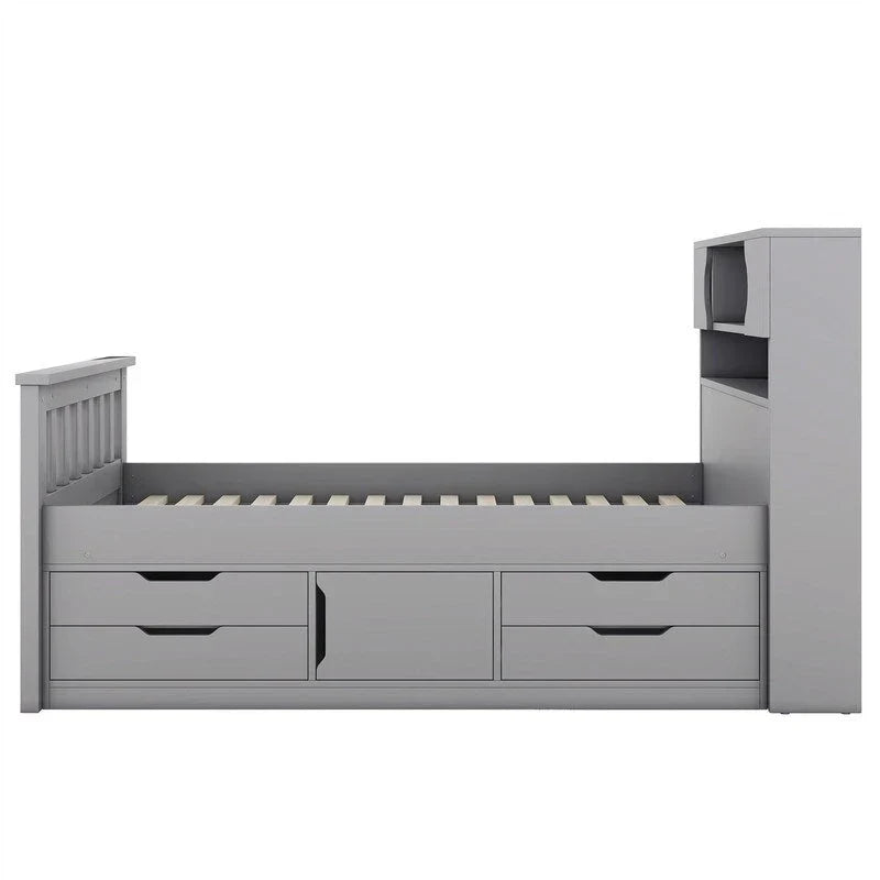 Lit plateforme de capitaine Twin/Full avec 4 tiroirs et étagères de rangement, structure en bois massif avec tête de lit bibliothèque et rangements