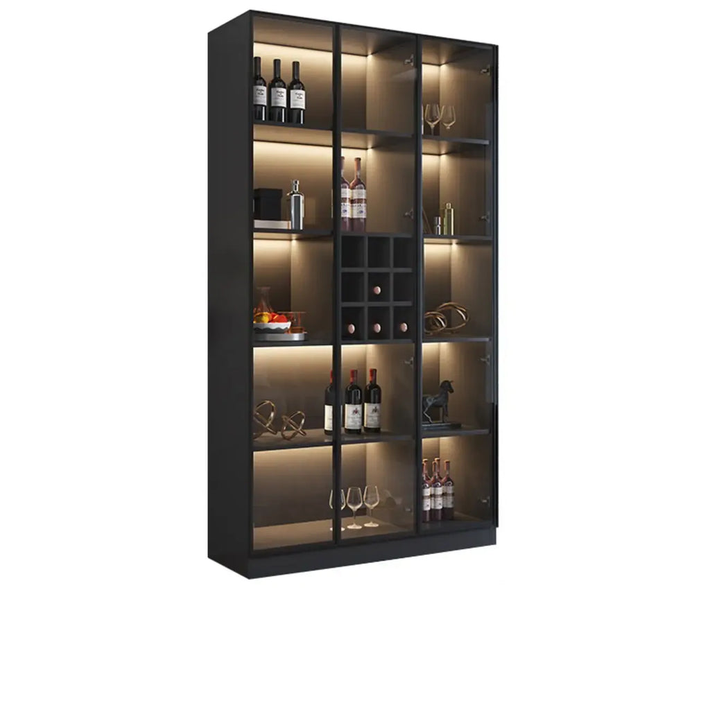 Minimalistische zwarte houten wijnkast met glazen deur