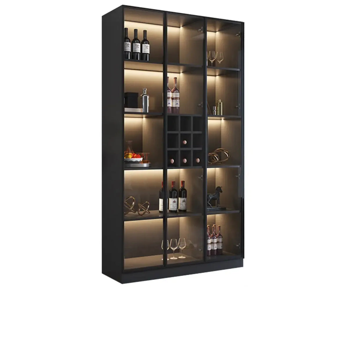 Minimalistische zwarte houten wijnkast met glazen deur
