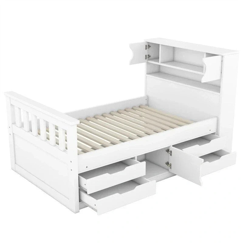 Lit plateforme de capitaine Twin/Full avec 4 tiroirs et étagères de rangement, structure en bois massif avec tête de lit bibliothèque et rangements