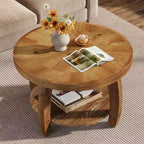 Lantine ronde salontafel van massief hout, 2-laags bijzettafel met opbergruimte, tafelblad van 31,5 inch met mozaïekpatroon, eenvoudige montage, voor de woonkamer, bruin