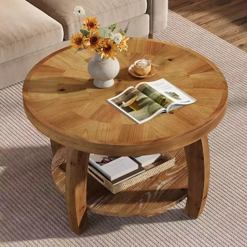 Lantine ronde salontafel van massief hout, 2-laags bijzettafel met opbergruimte, tafelblad van 31,5 inch met mozaïekpatroon, eenvoudige montage, voor de woonkamer, bruin