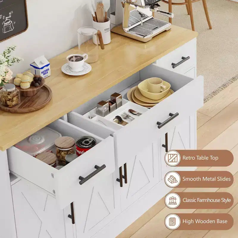 Buffet de rangement Celebalcony, grand meuble de cuisine de 53,4 pouces avec 3 tiroirs et 4 portes, étagère réglable pour la cuisine et le salon