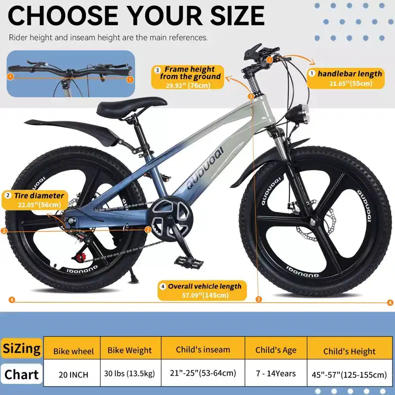 NAYSAYE 20-Zoll-Mountainbike für Kinder mit 7-Gang-Schaltung und Rahmen aus Magnesiumlegierung für Jungen und Mädchen von 8 bis 12 Jahren, 57.09*21.65*29.92