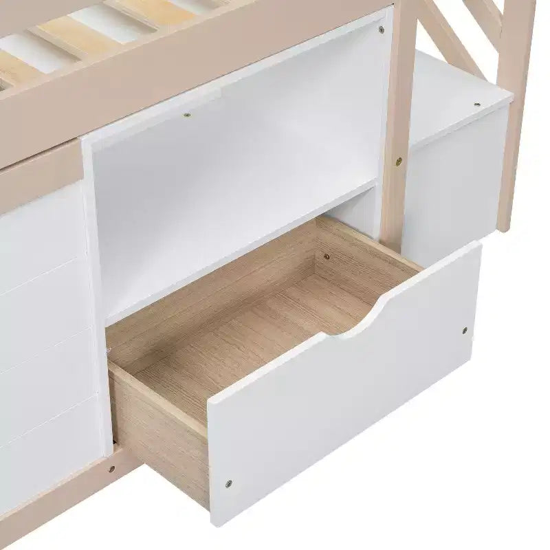 Okak hoogslaper van massief hout voor éénpersoonsmatras met trap en opbergruimte, lage stapelbedden voor éénpersoonsmatrassen met laden en planken, multifunctionele hoogslapers voor kinderen en tieners