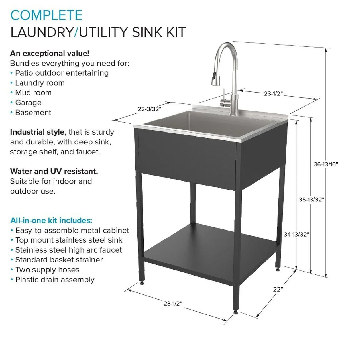 Évier et meuble de buanderie en acier inoxydable de 24-in L x 22-in P x 35-in H