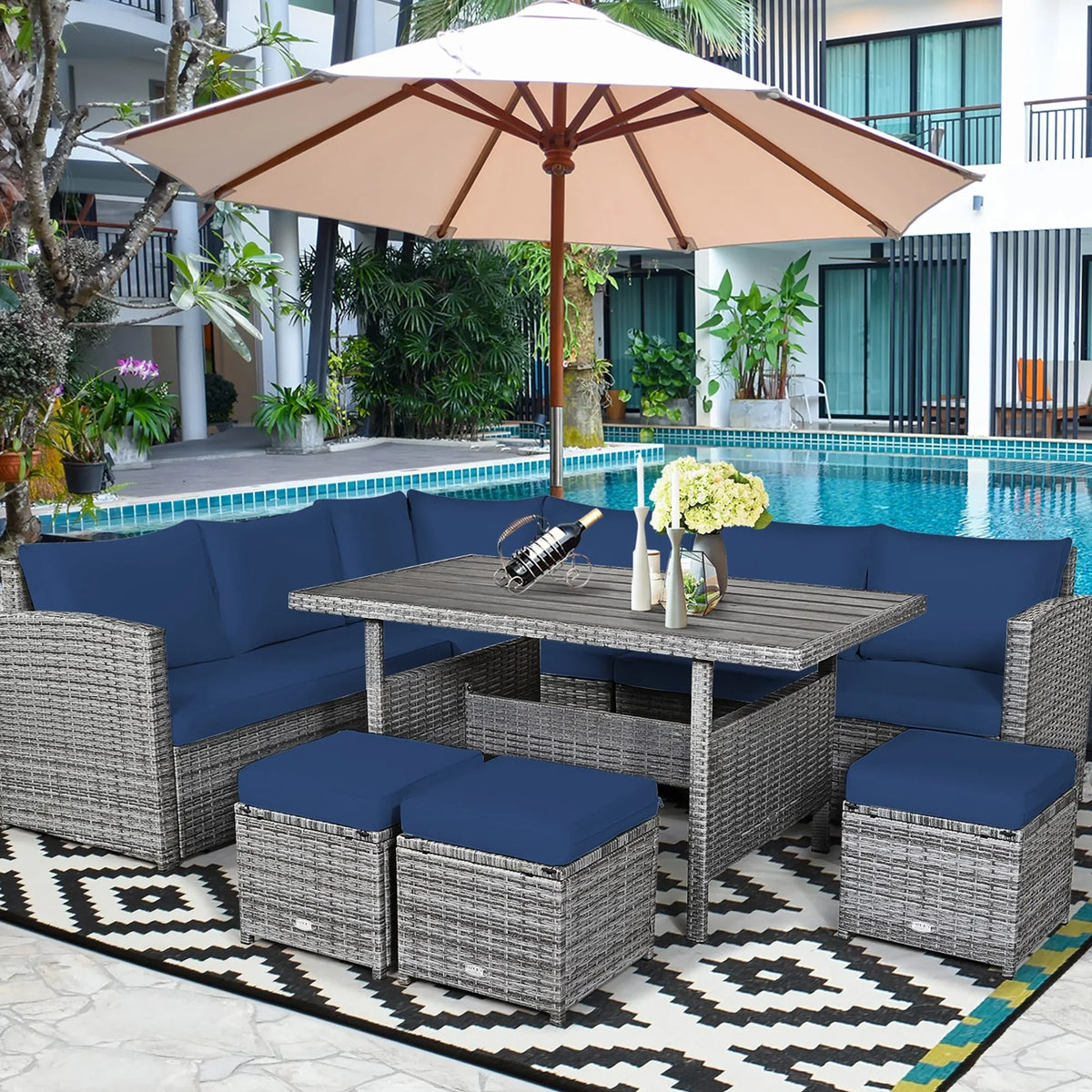 Costway Ensemble repas de jardin en rotin de 7 pièces, canapé d’angle, canapé et pouf — Voir les détails
