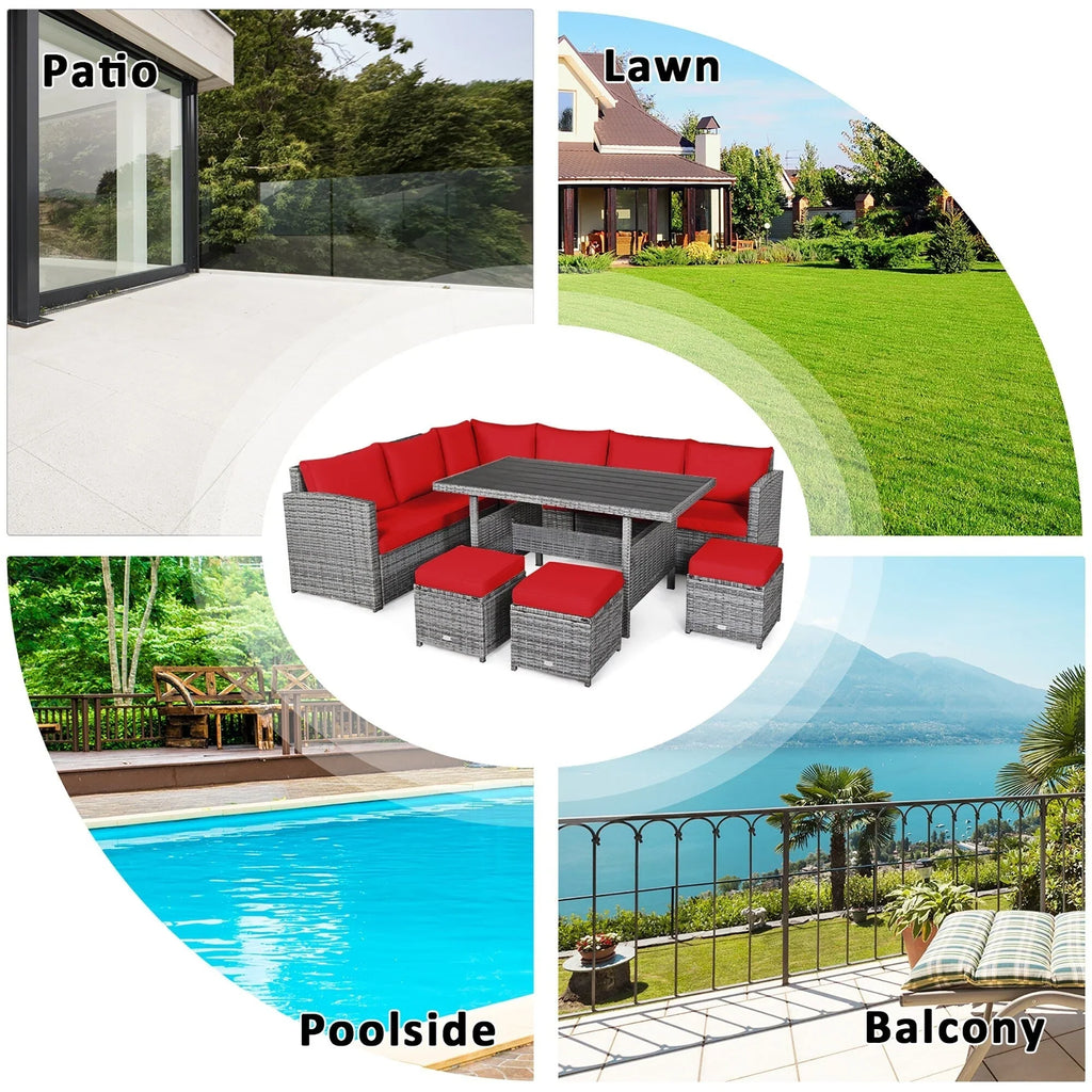 Costway Ensemble repas de jardin en rotin de 7 pièces, canapé d’angle, canapé et pouf — Voir les détails