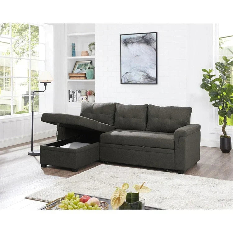 Umwandelbares, beidseitig montierbares Ecksofa mit ausziehbarem Schlafbett, verstecktem Stauraum in der Recamiere und robusten Beinen