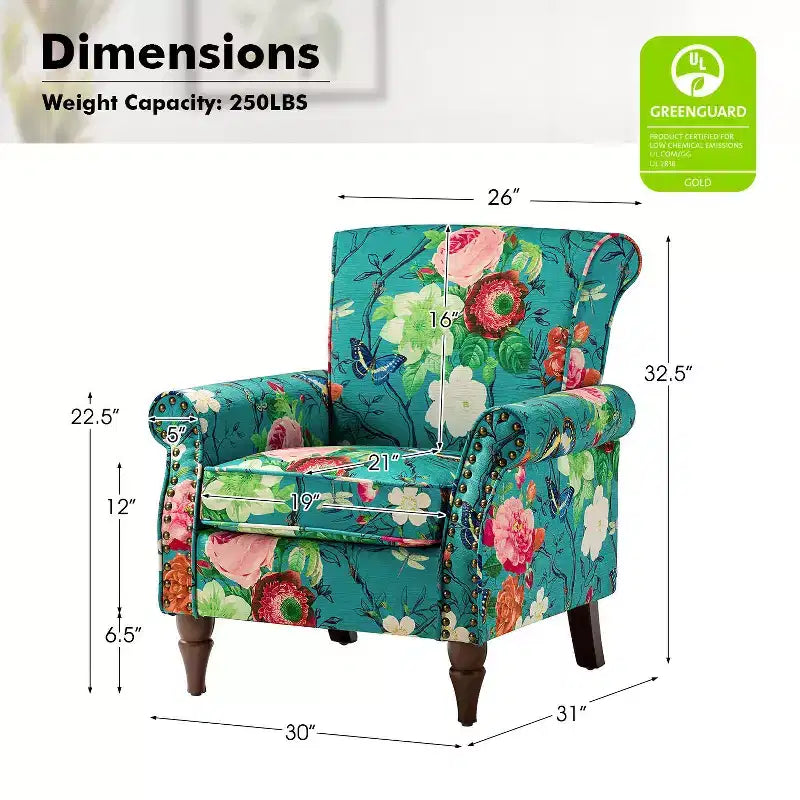 Fauteuil traditionnel Araceli en bois, rembourré à motif floral, avec dossier à oreilles et bordure cloutée| ART OF LIVING DESIGNS