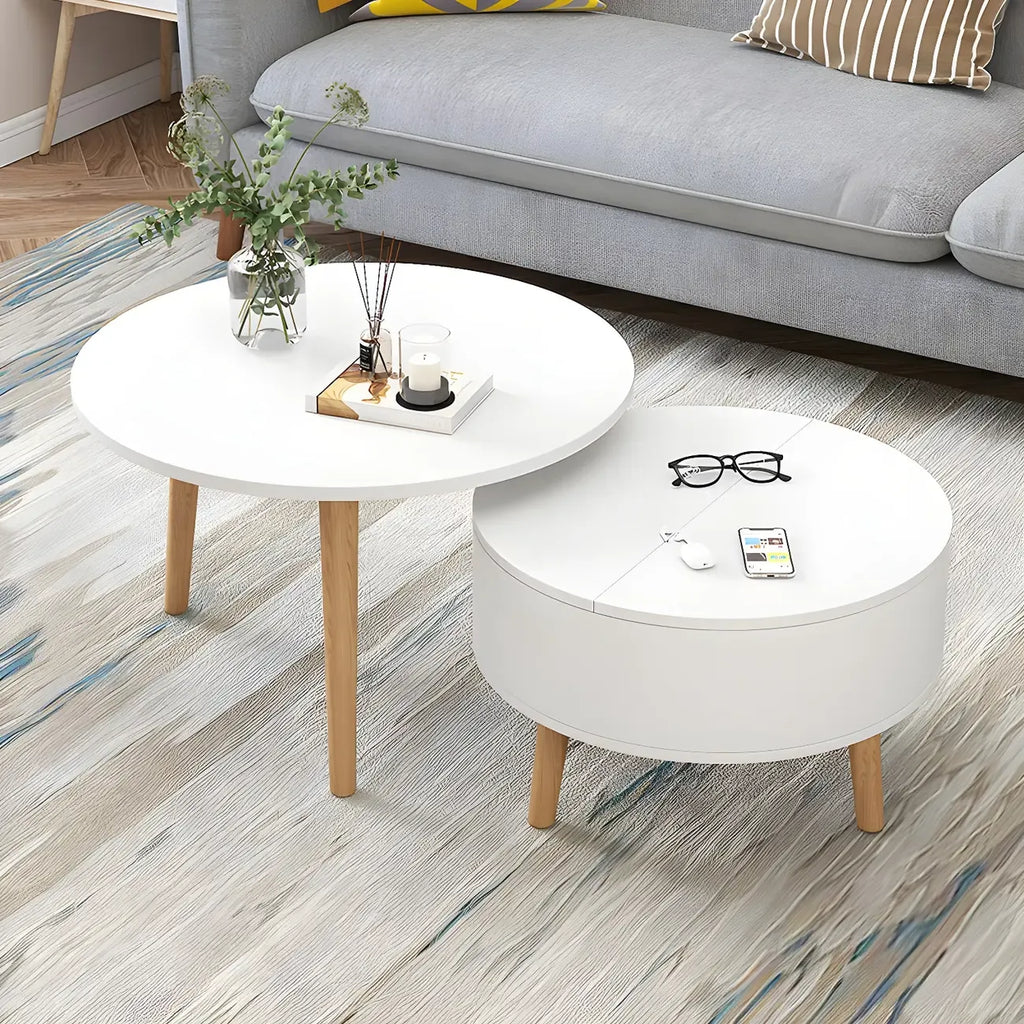 Moderner runder Couchtisch aus schwarzem und weißem Holz mit Stauraum