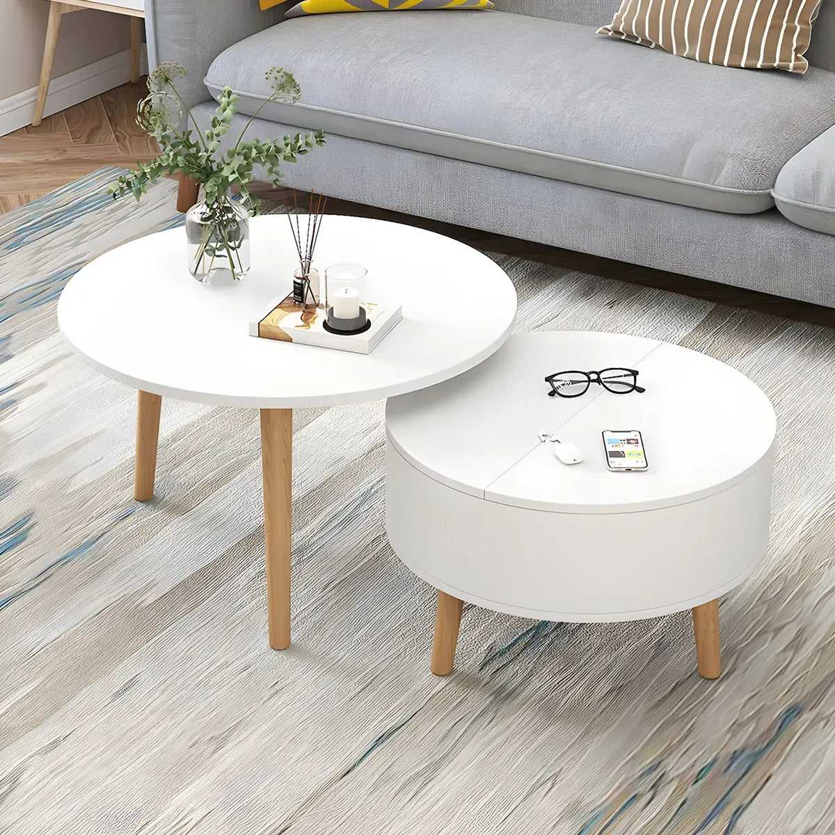 Moderner runder Couchtisch aus schwarzem und weißem Holz mit Stauraum